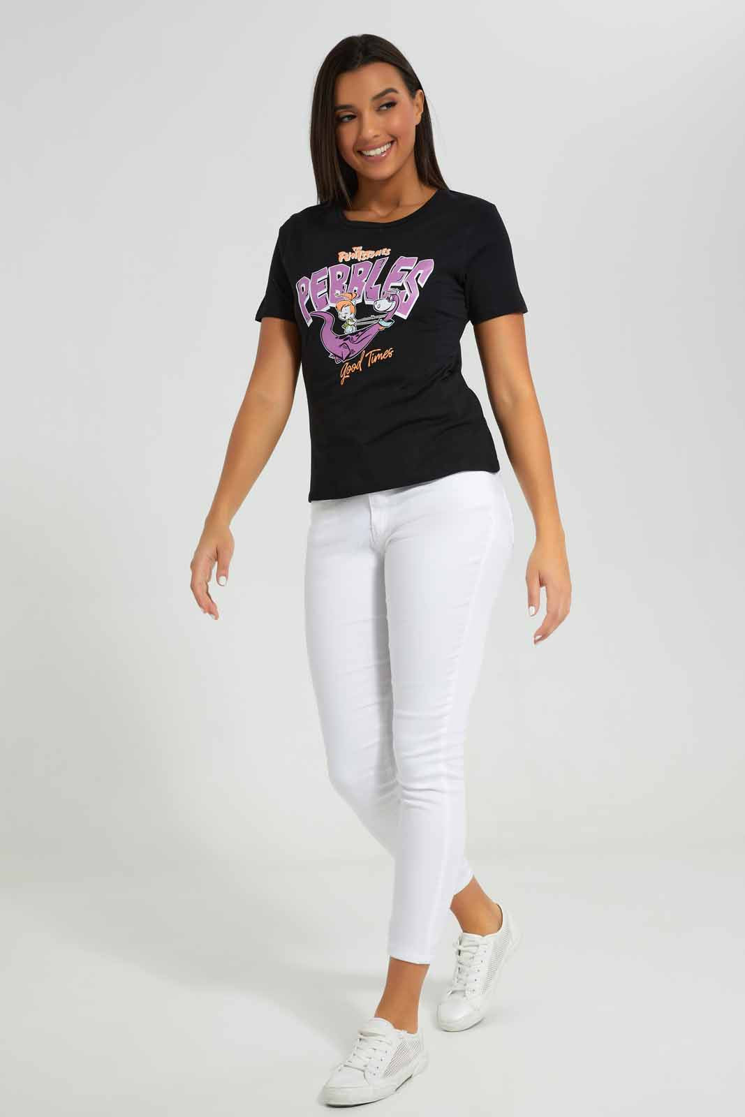 Redtag-Black-Pebble-Flinstone-Printed-T-Shirt-Category:T-Shirts,-Colour:Black,-Deals:New-In,-Filter:Women's-Clothing,-New-In-Women-APL,-Non-Sale,-Section:Women,-TBL,-W22A,-Women-T-Shirts-Women's-