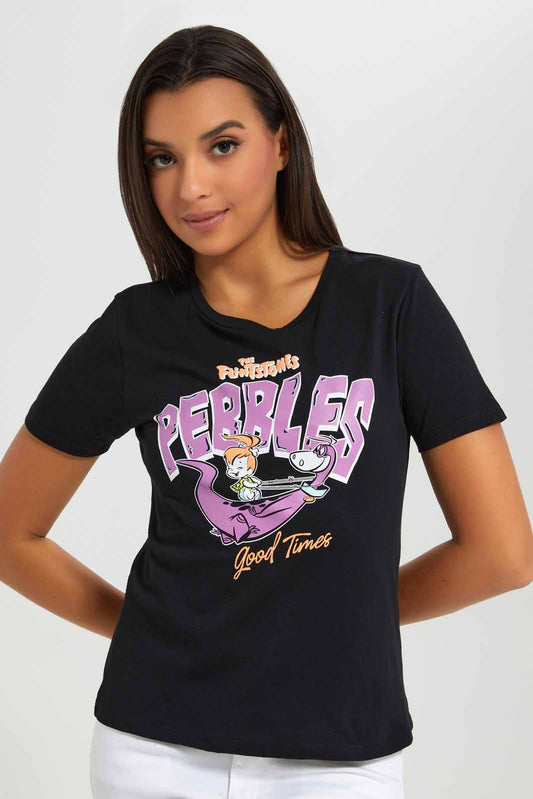Redtag-Black-Pebble-Flinstone-Printed-T-Shirt-Category:T-Shirts,-Colour:Black,-Deals:New-In,-Filter:Women's-Clothing,-New-In-Women-APL,-Non-Sale,-Section:Women,-TBL,-W22A,-Women-T-Shirts-Women's-