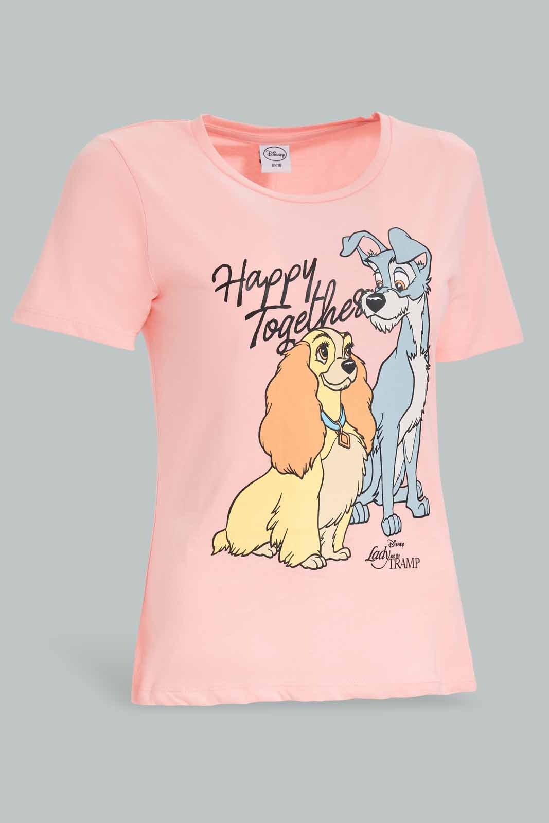 Redtag-Pink-Lady-&-The-Tramp-Printed-T-Shirt-Category:T-Shirts,-Colour:Apricot,-Deals:New-In,-Filter:Women's-Clothing,-New-In-Women-APL,-Non-Sale,-Section:Women,-TBL,-W22A,-Women-T-Shirts-Women's-