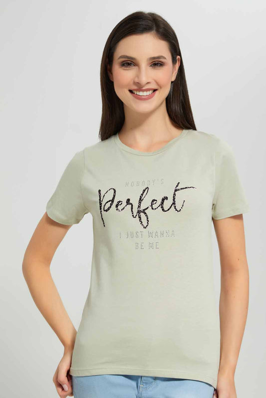 Redtag-Olive-Perfect-Embellished-T-Shirt-Category:T-Shirts,-Colour:Olive,-Deals:New-In,-Filter:Women's-Clothing,-New-In-Women-APL,-Non-Sale,-Section:Women,-TBL,-W22A,-Women-T-Shirts-Women's-