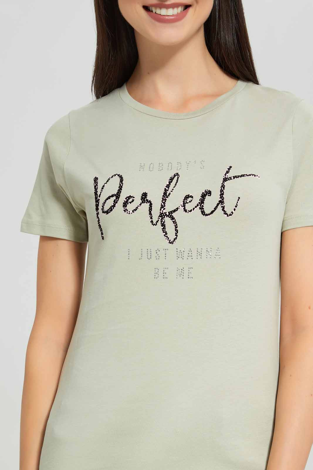 Redtag-Olive-Perfect-Embellished-T-Shirt-Category:T-Shirts,-Colour:Olive,-Deals:New-In,-Filter:Women's-Clothing,-New-In-Women-APL,-Non-Sale,-Section:Women,-TBL,-W22A,-Women-T-Shirts-Women's-