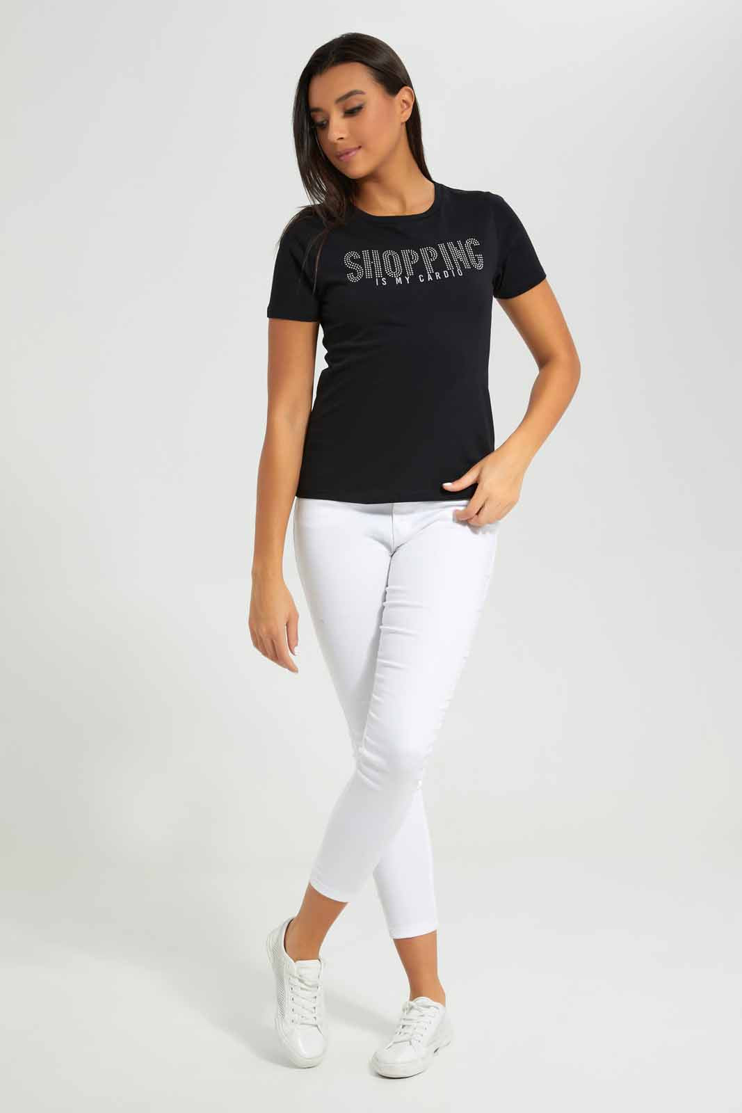 Redtag-Black-Shopping-Embellished-T-Shirt-Category:T-Shirts,-Colour:Black,-Deals:New-In,-Filter:Women's-Clothing,-New-In-Women-APL,-Non-Sale,-Section:Women,-TBL,-W22A,-Women-T-Shirts-Women's-