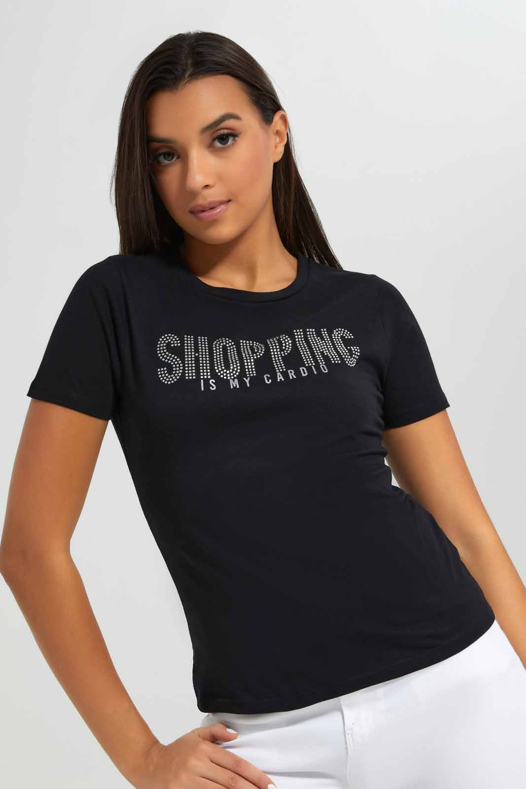 Redtag-Black-Shopping-Embellished-T-Shirt-Category:T-Shirts,-Colour:Black,-Deals:New-In,-Filter:Women's-Clothing,-New-In-Women-APL,-Non-Sale,-Section:Women,-TBL,-W22A,-Women-T-Shirts-Women's-