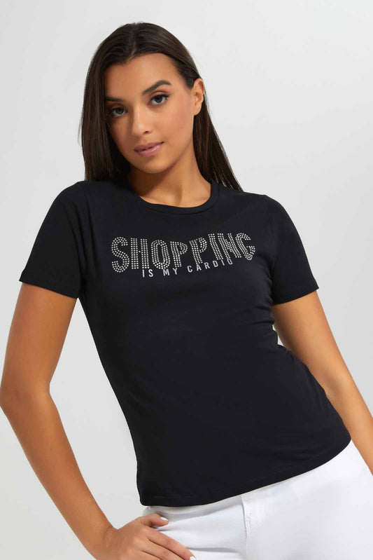 Redtag-Black-Shopping-Embellished-T-Shirt-Category:T-Shirts,-Colour:Black,-Deals:New-In,-Filter:Women's-Clothing,-New-In-Women-APL,-Non-Sale,-Section:Women,-TBL,-W22A,-Women-T-Shirts-Women's-