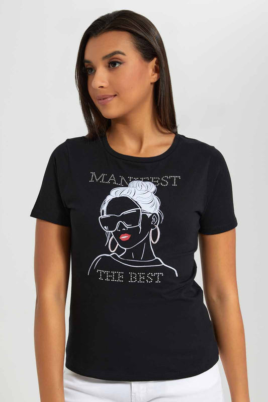Redtag-Black-Manifest-Embellished-T-Shirt-Category:T-Shirts,-Colour:Black,-Deals:New-In,-Filter:Women's-Clothing,-New-In-Women-APL,-Non-Sale,-Section:Women,-TBL,-W22A,-Women-T-Shirts-Women's-
