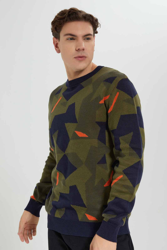 Men Green And Navy Geomatric Jacquard Sweatshirt