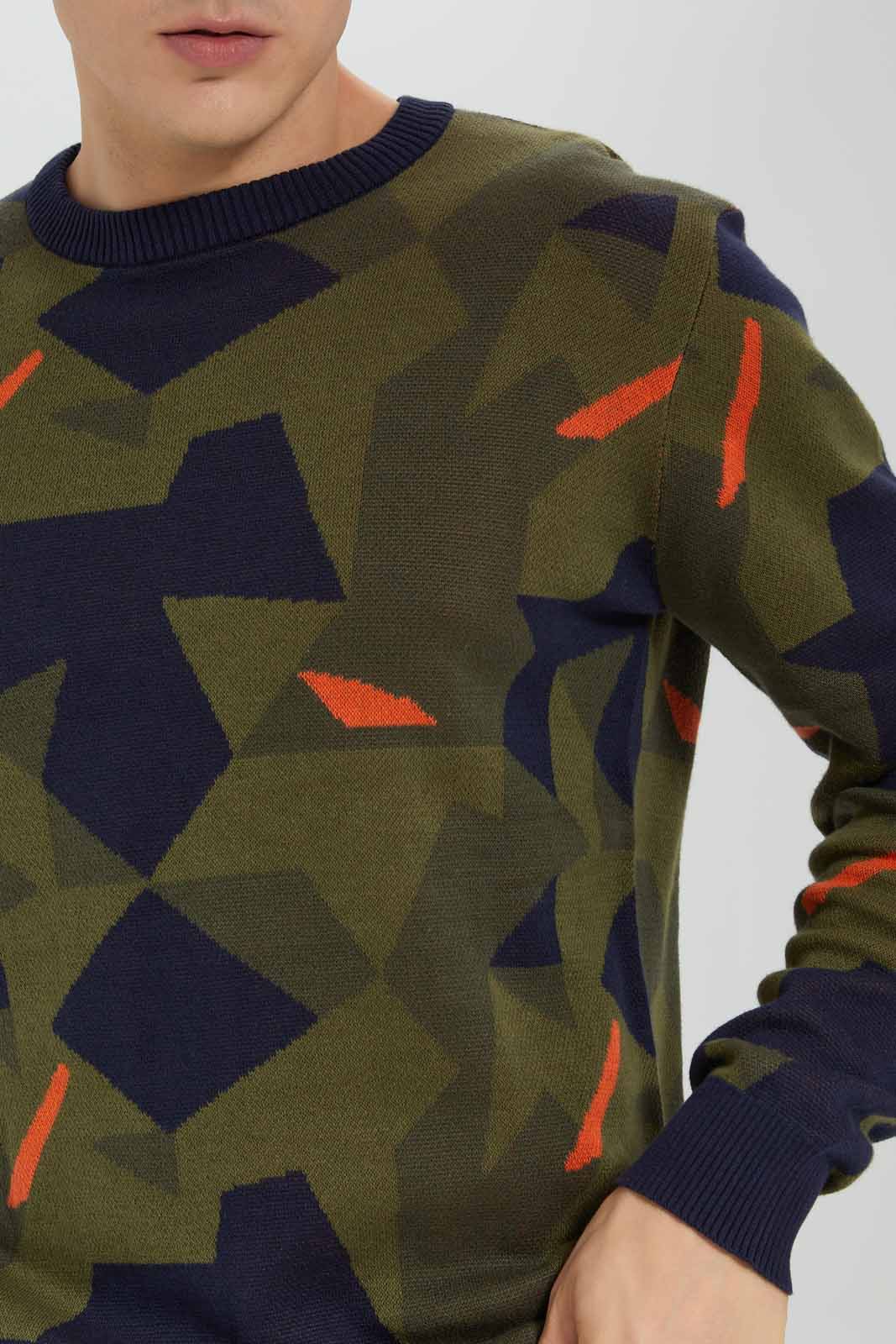 Men Green And Navy Geomatric Jacquard Sweatshirt