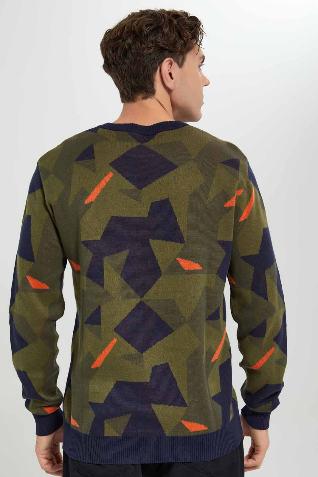Men Green And Navy Geomatric Jacquard Sweatshirt
