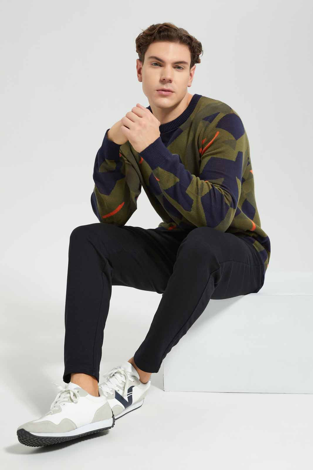 Men Green And Navy Geomatric Jacquard Sweatshirt