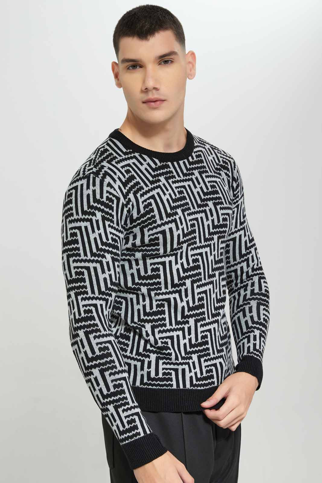 Redtag-Black-Geomatric-Jacquard-Sweater-Category:Cardigans,-Colour:Black,-Deals:New-In,-Filter:Men's-Clothing,-Men-Cardigans,-New-In-Men-APL,-Non-Sale,-Section:Men,-W22A-Men's-