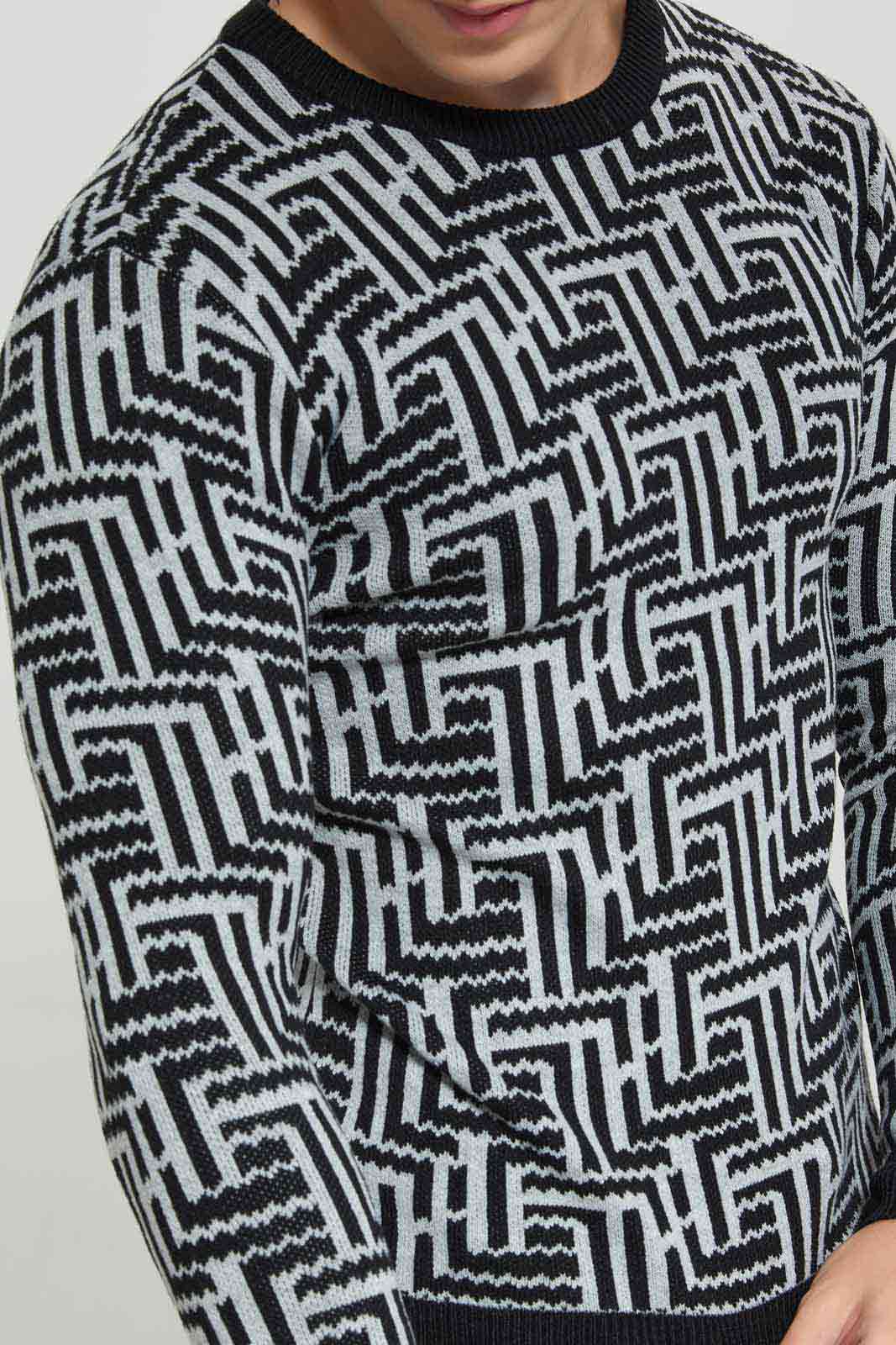 Redtag-Black-Geomatric-Jacquard-Sweater-Category:Cardigans,-Colour:Black,-Deals:New-In,-Filter:Men's-Clothing,-Men-Cardigans,-New-In-Men-APL,-Non-Sale,-Section:Men,-W22A-Men's-