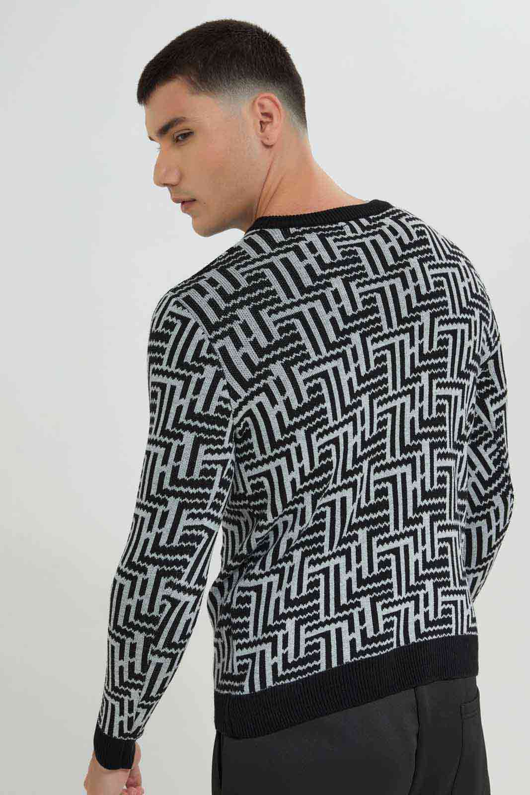 Redtag-Black-Geomatric-Jacquard-Sweater-Category:Cardigans,-Colour:Black,-Deals:New-In,-Filter:Men's-Clothing,-Men-Cardigans,-New-In-Men-APL,-Non-Sale,-Section:Men,-W22A-Men's-