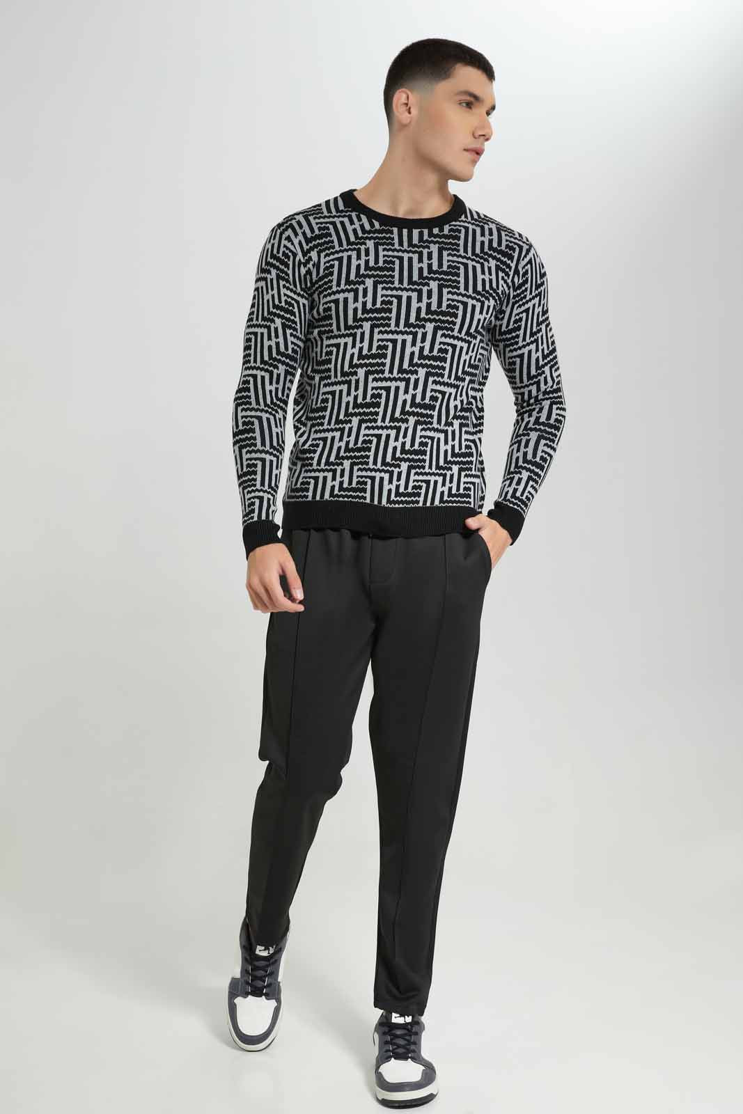 Redtag-Black-Geomatric-Jacquard-Sweater-Category:Cardigans,-Colour:Black,-Deals:New-In,-Filter:Men's-Clothing,-Men-Cardigans,-New-In-Men-APL,-Non-Sale,-Section:Men,-W22A-Men's-