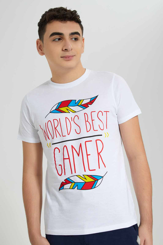 Redtag-White-Worlds-Best-Gamer-Graphic-Tee-BSR-T-Shirts,-Category:T-Shirts,-Colour:White,-Deals:New-In,-Filter:Senior-Boys-(8-to-14-Yrs),-New-In-BSR-APL,-Non-Sale,-Section:Boys-(0-to-14Yrs),-TBL,-W22A-Senior-Boys-9 to 14 Years