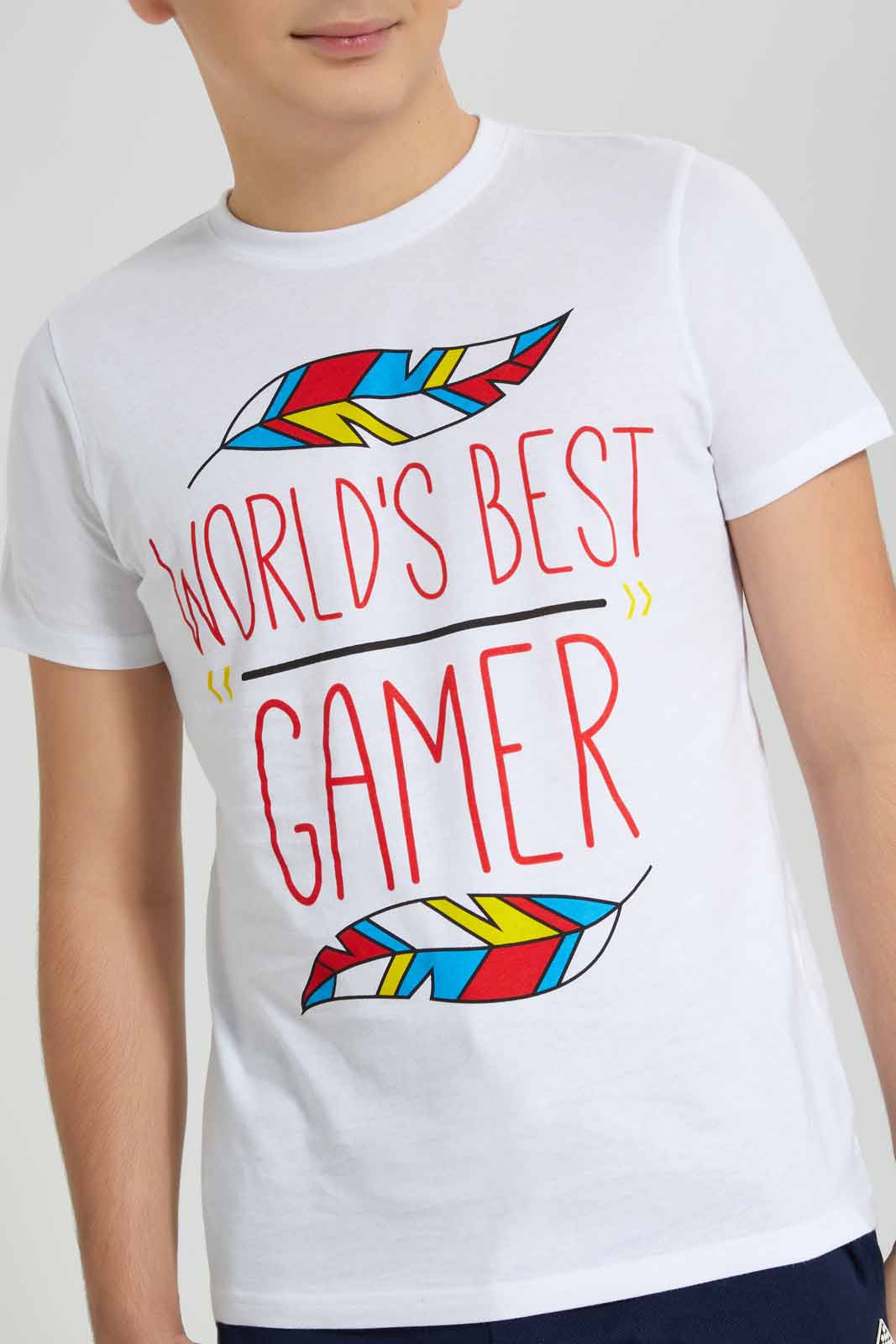 Redtag-White-Worlds-Best-Gamer-Graphic-Tee-BSR-T-Shirts,-Category:T-Shirts,-Colour:White,-Deals:New-In,-Filter:Senior-Boys-(8-to-14-Yrs),-New-In-BSR-APL,-Non-Sale,-Section:Boys-(0-to-14Yrs),-TBL,-W22A-Senior-Boys-9 to 14 Years