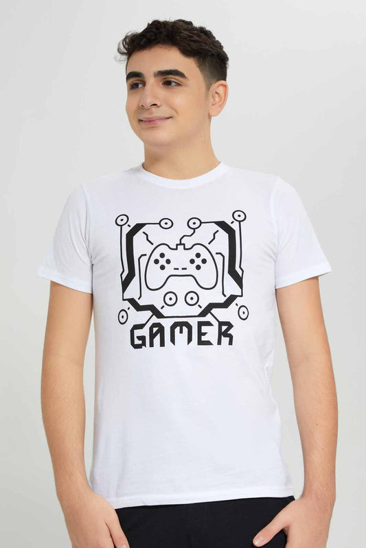 Redtag-White-Gamer-Graphic-Tee-BSR-T-Shirts,-Category:T-Shirts,-Colour:White,-Deals:New-In,-Filter:Senior-Boys-(8-to-14-Yrs),-New-In-BSR-APL,-Non-Sale,-Section:Boys-(0-to-14Yrs),-TBL,-W22A-Senior-Boys-9 to 14 Years