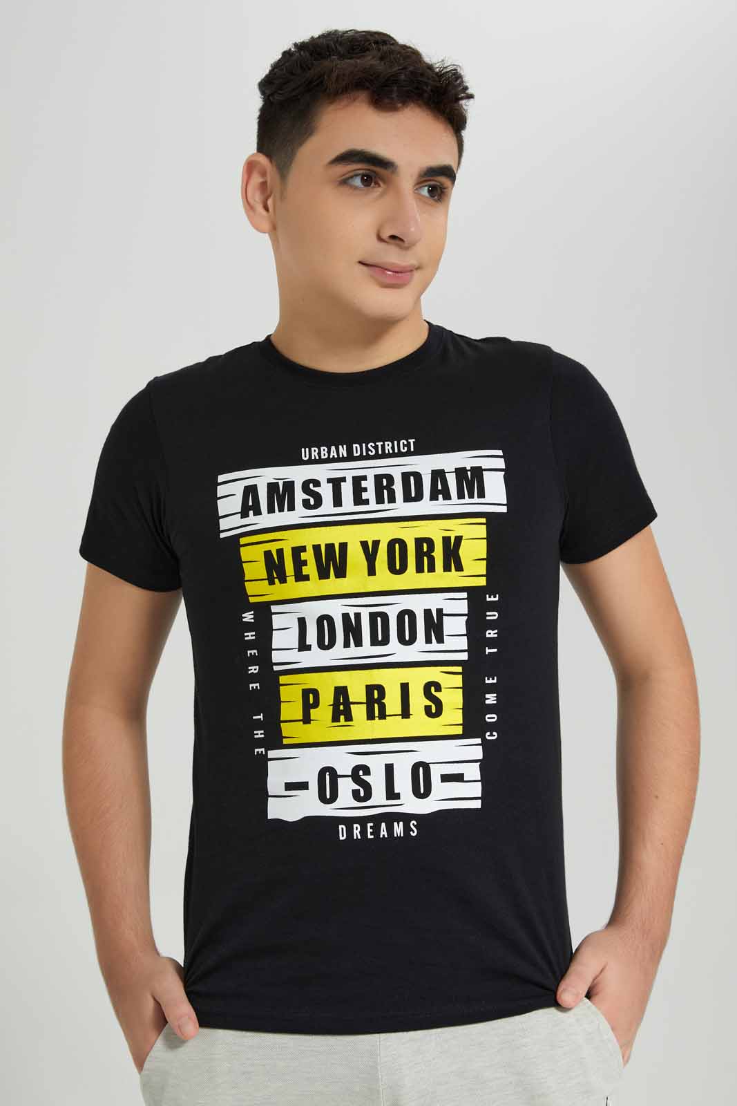 Redtag-Black-Cities-Name-Graphic-Tee-BSR-T-Shirts,-Category:T-Shirts,-Colour:Black,-Deals:New-In,-Filter:Senior-Boys-(8-to-14-Yrs),-New-In-BSR-APL,-Non-Sale,-Section:Boys-(0-to-14Yrs),-TBL,-W22A-Senior-Boys-9 to 14 Years