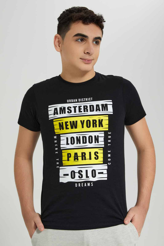 Redtag-Black-Cities-Name-Graphic-Tee-BSR-T-Shirts,-Category:T-Shirts,-Colour:Black,-Deals:New-In,-Filter:Senior-Boys-(8-to-14-Yrs),-New-In-BSR-APL,-Non-Sale,-Section:Boys-(0-to-14Yrs),-TBL,-W22A-Senior-Boys-9 to 14 Years