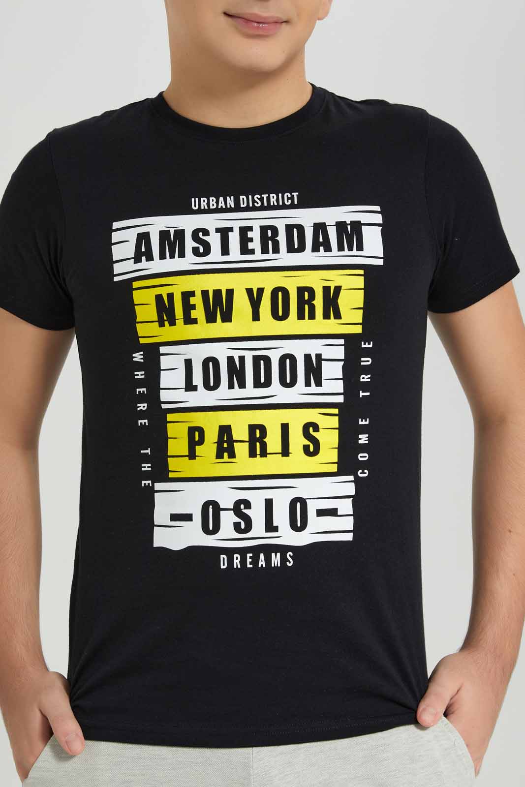 Redtag-Black-Cities-Name-Graphic-Tee-BSR-T-Shirts,-Category:T-Shirts,-Colour:Black,-Deals:New-In,-Filter:Senior-Boys-(8-to-14-Yrs),-New-In-BSR-APL,-Non-Sale,-Section:Boys-(0-to-14Yrs),-TBL,-W22A-Senior-Boys-9 to 14 Years