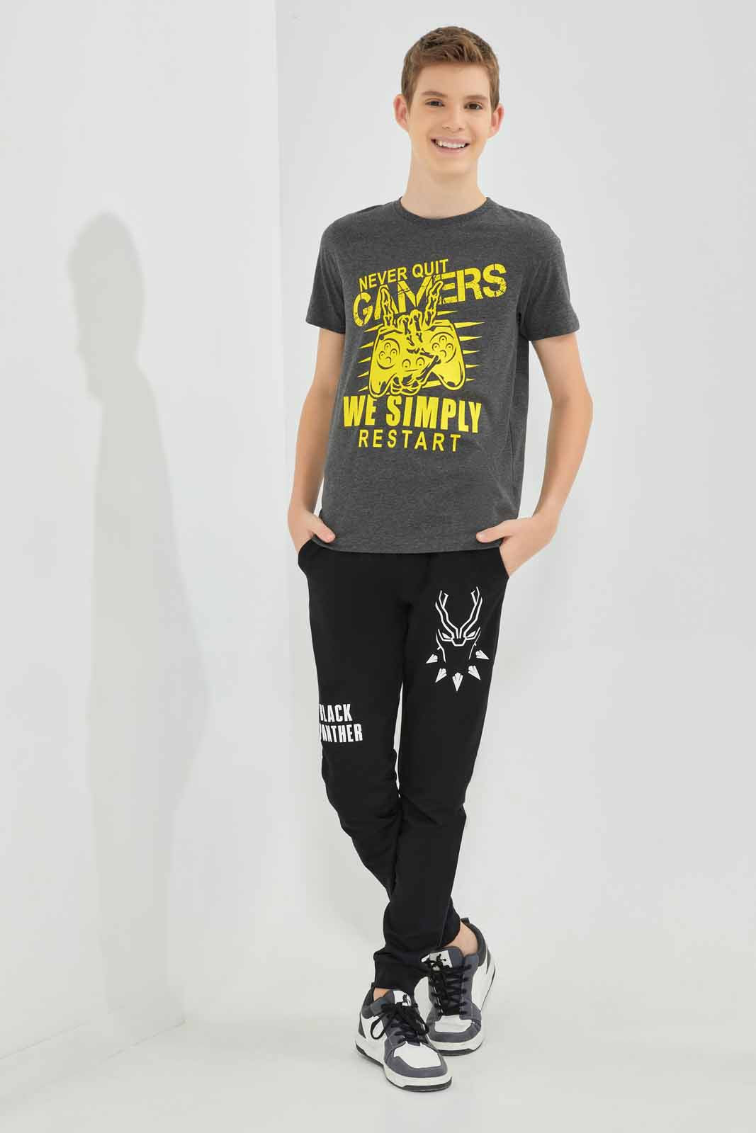 Redtag-Charcoal-Never-Quilt-Gamers-Graphic-Tee-BSR-T-Shirts,-Category:T-Shirts,-Colour:Charcoal,-Deals:New-In,-Filter:Senior-Boys-(8-to-14-Yrs),-New-In-BSR-APL,-Non-Sale,-Section:Boys-(0-to-14Yrs),-TBL,-W22A-Senior-Boys-9 to 14 Years