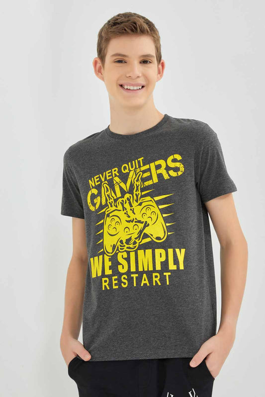 Redtag-Charcoal-Never-Quilt-Gamers-Graphic-Tee-BSR-T-Shirts,-Category:T-Shirts,-Colour:Charcoal,-Deals:New-In,-Filter:Senior-Boys-(8-to-14-Yrs),-New-In-BSR-APL,-Non-Sale,-Section:Boys-(0-to-14Yrs),-TBL,-W22A-Senior-Boys-9 to 14 Years