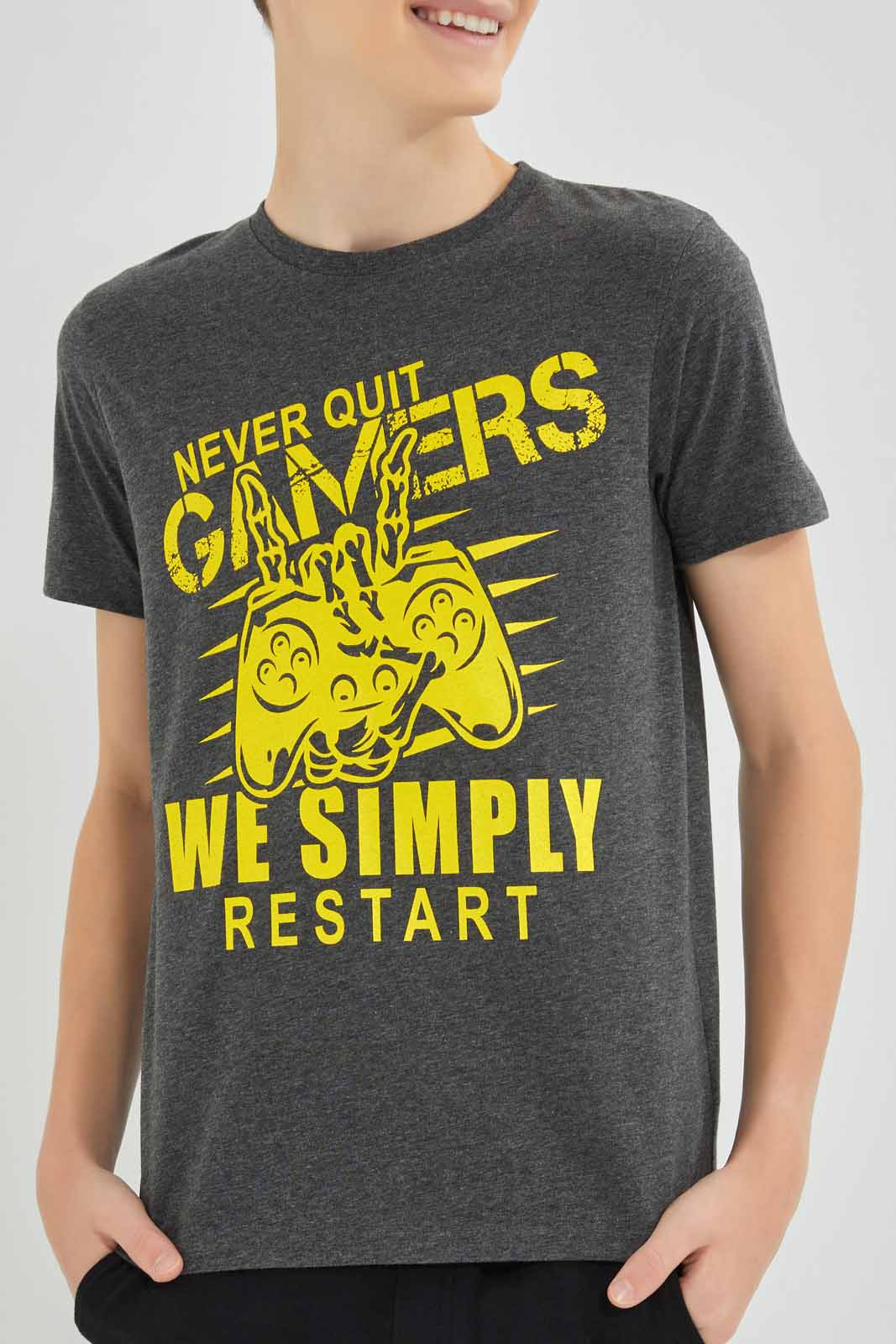 Redtag-Charcoal-Never-Quilt-Gamers-Graphic-Tee-BSR-T-Shirts,-Category:T-Shirts,-Colour:Charcoal,-Deals:New-In,-Filter:Senior-Boys-(8-to-14-Yrs),-New-In-BSR-APL,-Non-Sale,-Section:Boys-(0-to-14Yrs),-TBL,-W22A-Senior-Boys-9 to 14 Years