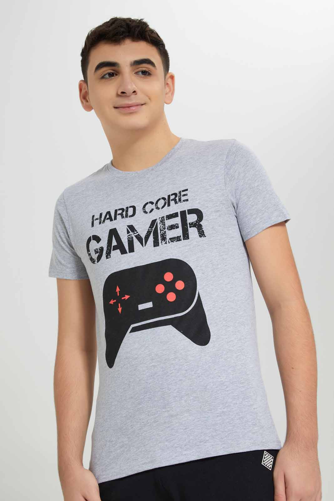 Redtag-Grey-Mel-Hardcore-Gamer-Graphic-Tee-BSR-T-Shirts,-Category:T-Shirts,-Colour:Grey,-Deals:New-In,-Filter:Senior-Boys-(8-to-14-Yrs),-New-In-BSR-APL,-Non-Sale,-Section:Boys-(0-to-14Yrs),-TBL,-W22A-Senior-Boys-9 to 14 Years