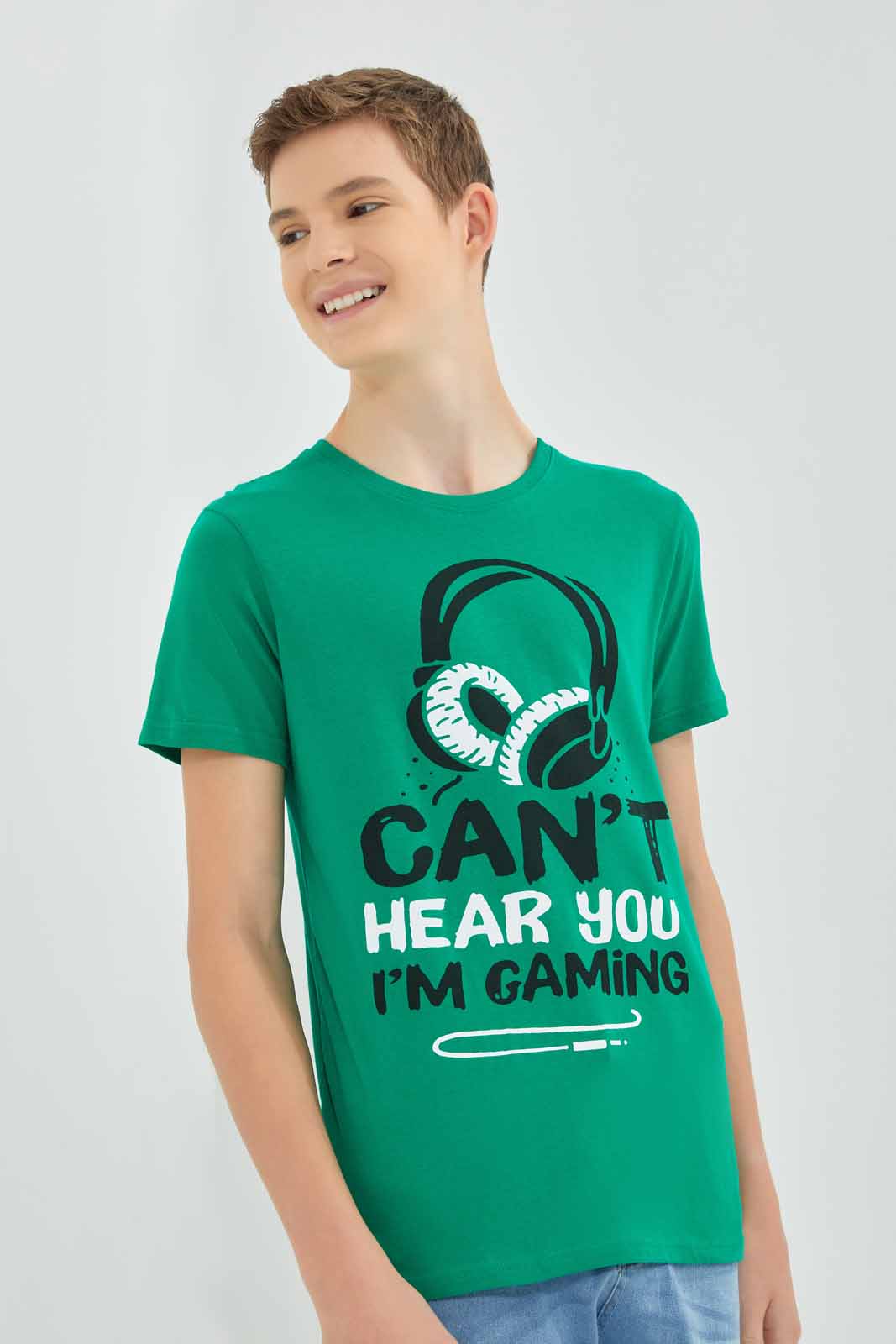Redtag-Green-Cant-Hear-Graphic-Tee-BSR-T-Shirts,-Category:T-Shirts,-Colour:Green,-Deals:New-In,-Filter:Senior-Boys-(8-to-14-Yrs),-New-In-BSR-APL,-Non-Sale,-Section:Boys-(0-to-14Yrs),-TBL,-W22A-Senior-Boys-9 to 14 Years