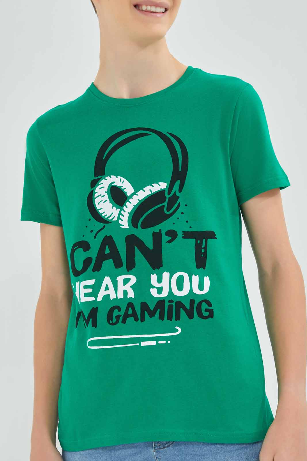 Redtag-Green-Cant-Hear-Graphic-Tee-BSR-T-Shirts,-Category:T-Shirts,-Colour:Green,-Deals:New-In,-Filter:Senior-Boys-(8-to-14-Yrs),-New-In-BSR-APL,-Non-Sale,-Section:Boys-(0-to-14Yrs),-TBL,-W22A-Senior-Boys-9 to 14 Years