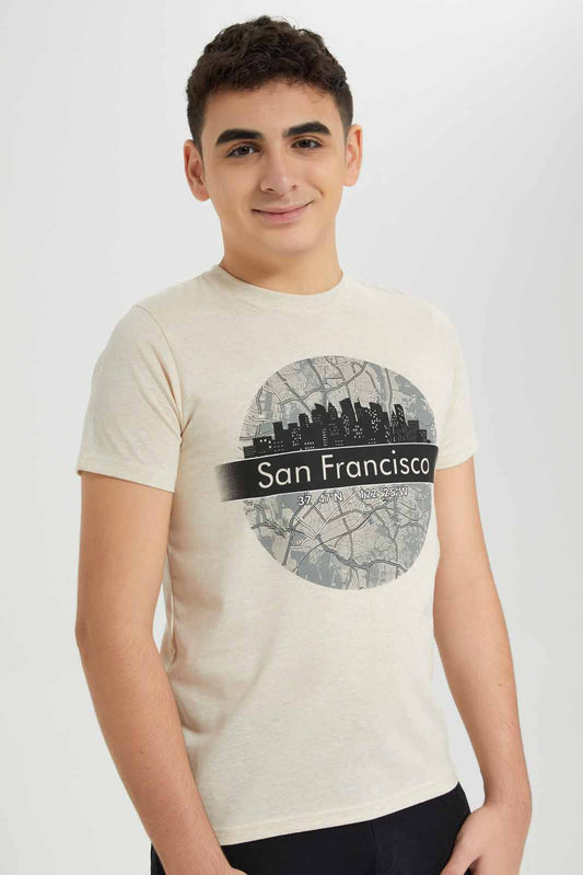 Redtag-Beige-San-Francisco-Graphic-Tee-BSR-T-Shirts,-Category:T-Shirts,-Colour:Beige,-Deals:New-In,-Filter:Senior-Boys-(8-to-14-Yrs),-New-In-BSR-APL,-Non-Sale,-Section:Boys-(0-to-14Yrs),-TBL,-W22A-Senior-Boys-9 to 14 Years