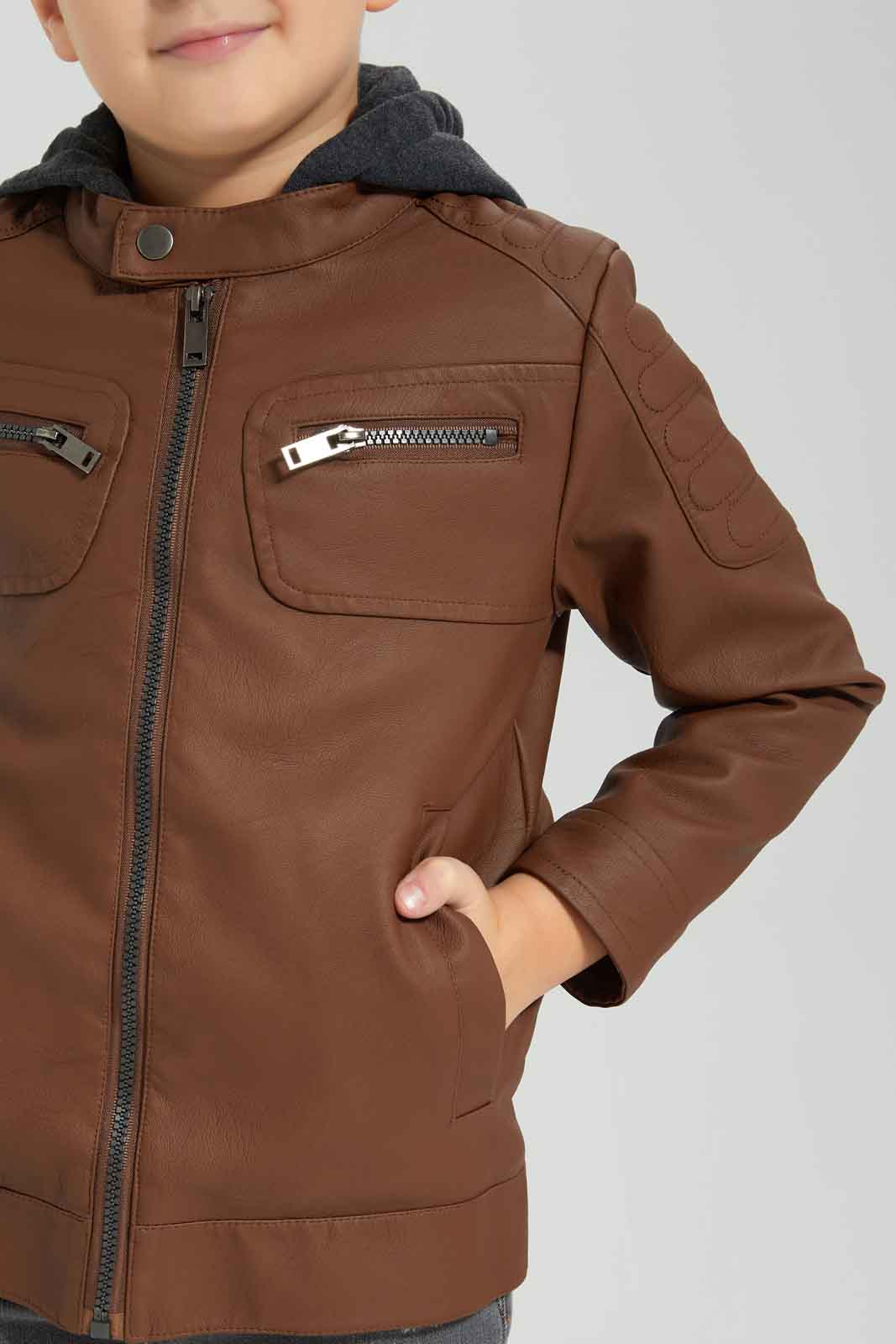 Redtag-Brown-PU-Biker-Hooded-Jacket-BOY-Jackets,-Category:Jackets,-Colour:Brown,-Deals:New-In,-Dept:Boys,-EHW,-Filter:Boys-(2-to-8-Yrs),-New-In-BOY-APL,-Non-Sale,-Section:Boys-(0-to-14Yrs),-W22B-Boys-2 to 8 Years