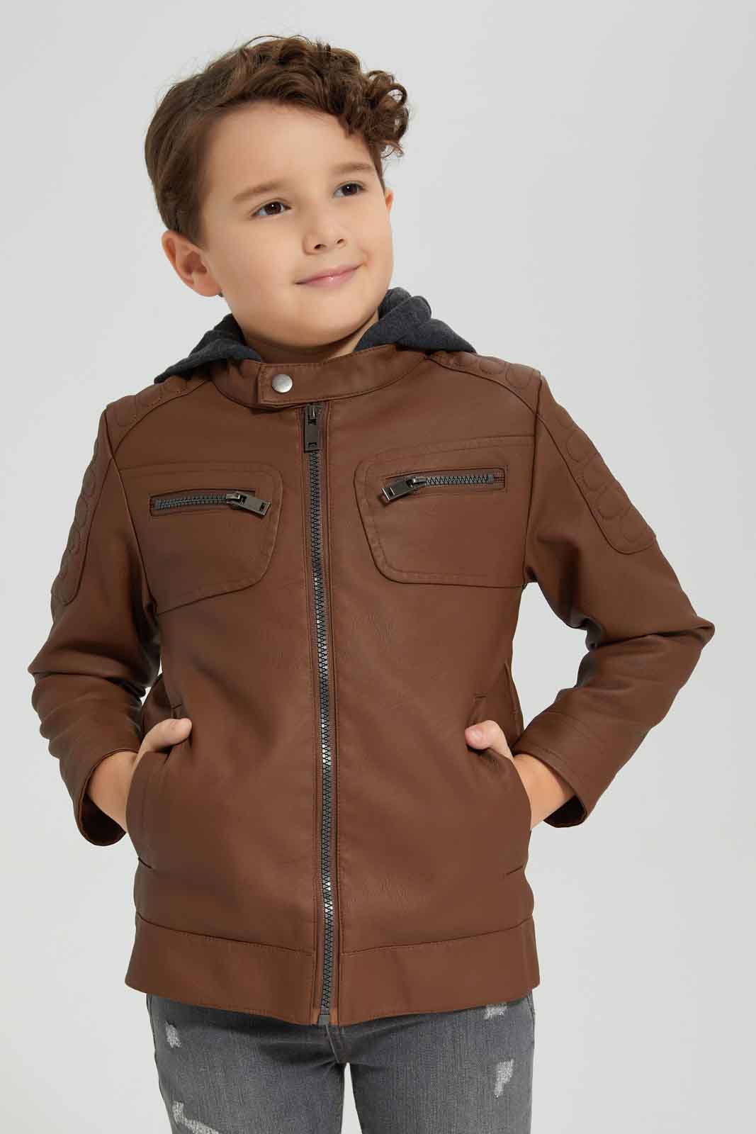Redtag-Brown-PU-Biker-Hooded-Jacket-BOY-Jackets,-Category:Jackets,-Colour:Brown,-Deals:New-In,-Dept:Boys,-EHW,-Filter:Boys-(2-to-8-Yrs),-New-In-BOY-APL,-Non-Sale,-Section:Boys-(0-to-14Yrs),-W22B-Boys-2 to 8 Years