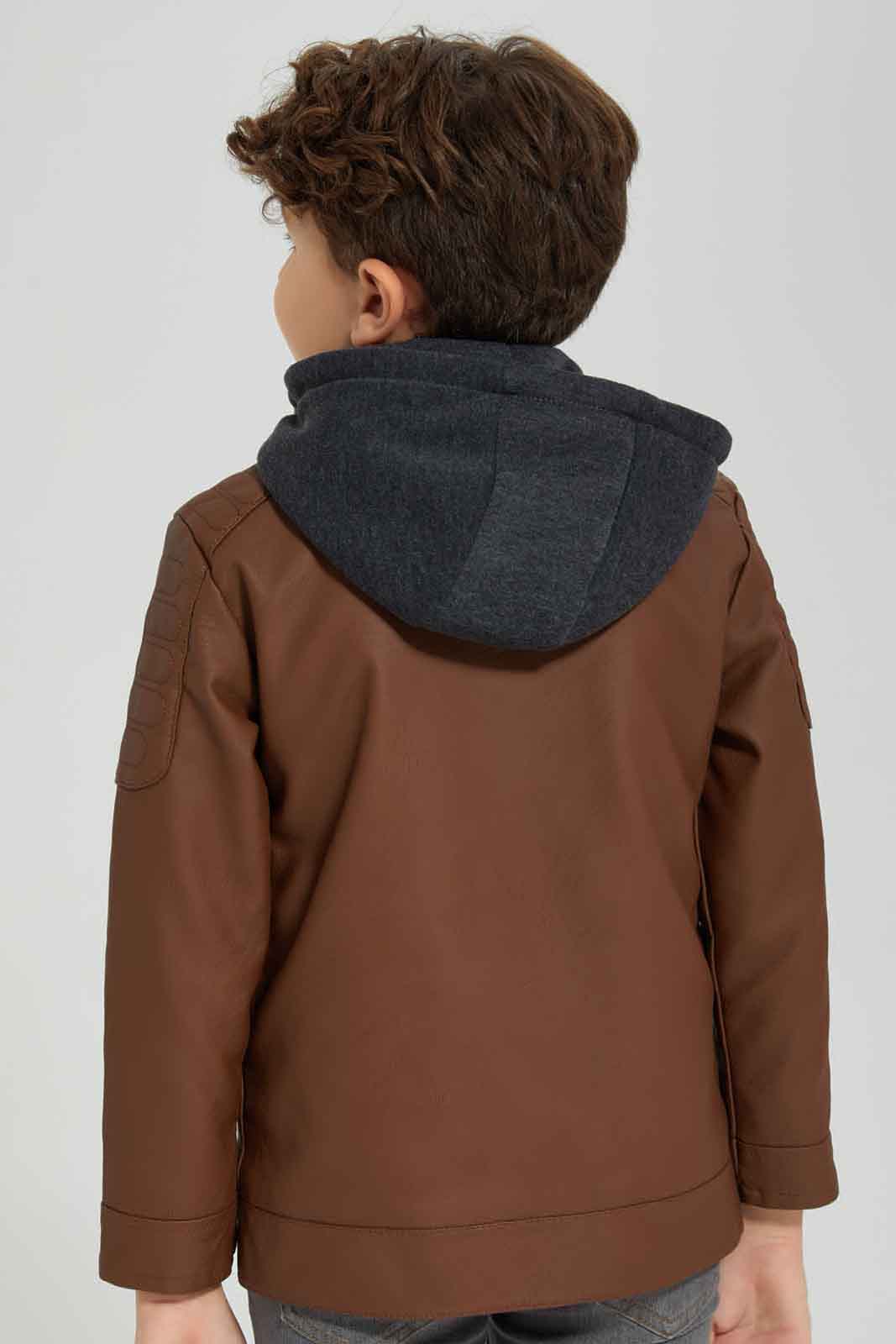 Redtag-Brown-PU-Biker-Hooded-Jacket-BOY-Jackets,-Category:Jackets,-Colour:Brown,-Deals:New-In,-Dept:Boys,-EHW,-Filter:Boys-(2-to-8-Yrs),-New-In-BOY-APL,-Non-Sale,-Section:Boys-(0-to-14Yrs),-W22B-Boys-2 to 8 Years