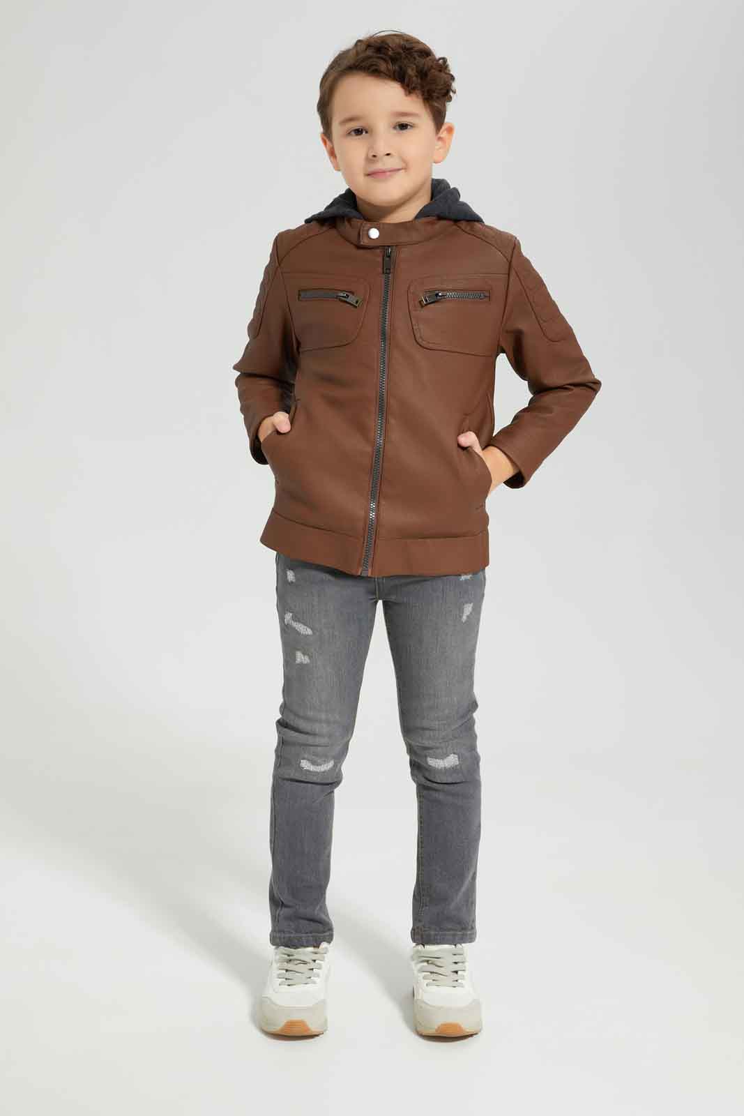 Redtag-Brown-PU-Biker-Hooded-Jacket-BOY-Jackets,-Category:Jackets,-Colour:Brown,-Deals:New-In,-Dept:Boys,-EHW,-Filter:Boys-(2-to-8-Yrs),-New-In-BOY-APL,-Non-Sale,-Section:Boys-(0-to-14Yrs),-W22B-Boys-2 to 8 Years