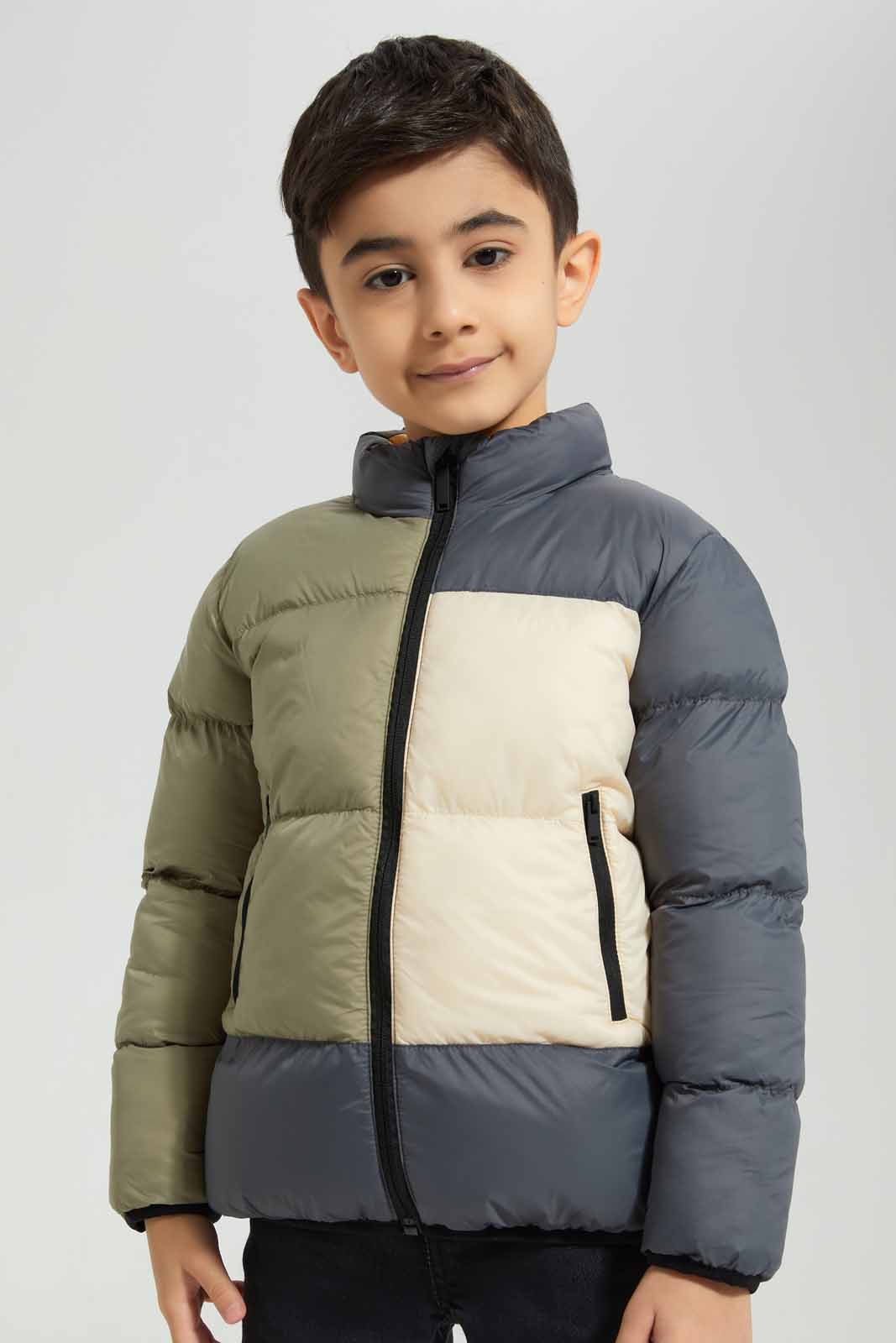 Redtag-Dark-Grey-Color-Block-Padded-Jacket-BOY-Jackets,-Category:Jackets,-Colour:Charcoal,-Deals:New-In,-Filter:Boys-(2-to-8-Yrs),-New-In-BOY-APL,-Non-Sale,-Section:Boys-(0-to-14Yrs),-W22B-Boys-2 to 8 Years