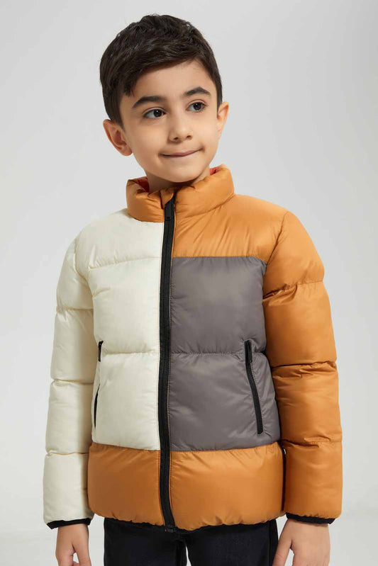 Redtag-Mustard-Color-Block-Padded-Jacket-BOY-Jackets,-Category:Jackets,-Colour:Mustard,-Deals:New-In,-Filter:Boys-(2-to-8-Yrs),-New-In-BOY-APL,-Non-Sale,-Section:Boys-(0-to-14Yrs),-W22B-Boys-2 to 8 Years