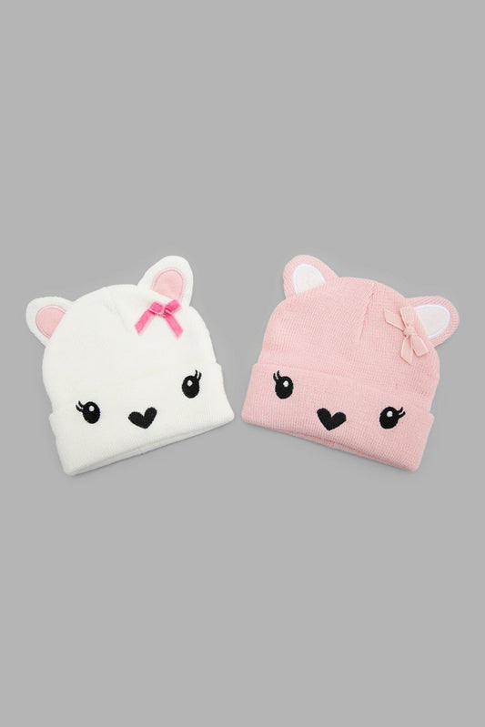 Redtag-Pink-And-White-Charcater-Embellished-Knitted-Cap-Set-Of-2-Category:Knitted-Accessories,-Colour:Assorted,-Filter:Girls-Accessories,-GIR-Knitted-Accessories,-New-In,-New-In-GIR-ACC,-Non-Sale,-Section:Girls-(0-to-14Yrs),-W22B-Girls-