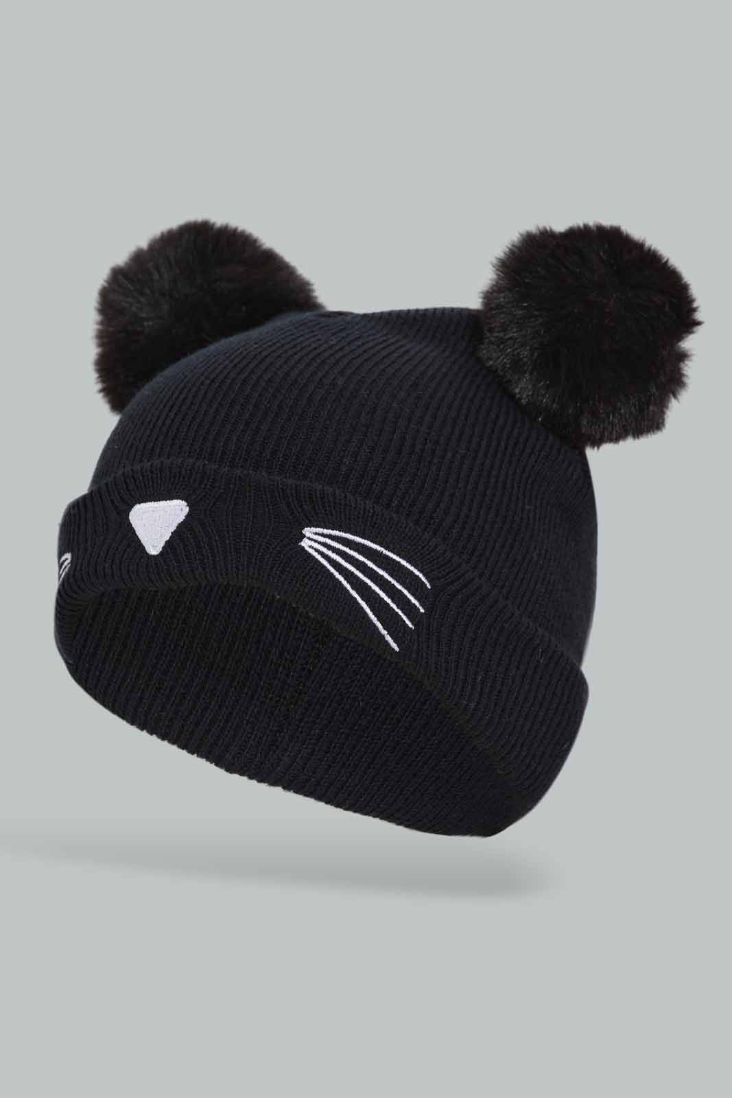 Redtag-Blakc-Charcater-Embellished-Cap-Category:Caps-&-Hats,-Colour:Black,-Dept:Girls,-Filter:Girls-Accessories,-GIR-Caps-&-Hats,-New-In,-New-In-GIR-ACC,-Non-Sale,-Section:Girls-(0-to-14Yrs),-W22B-Girls-