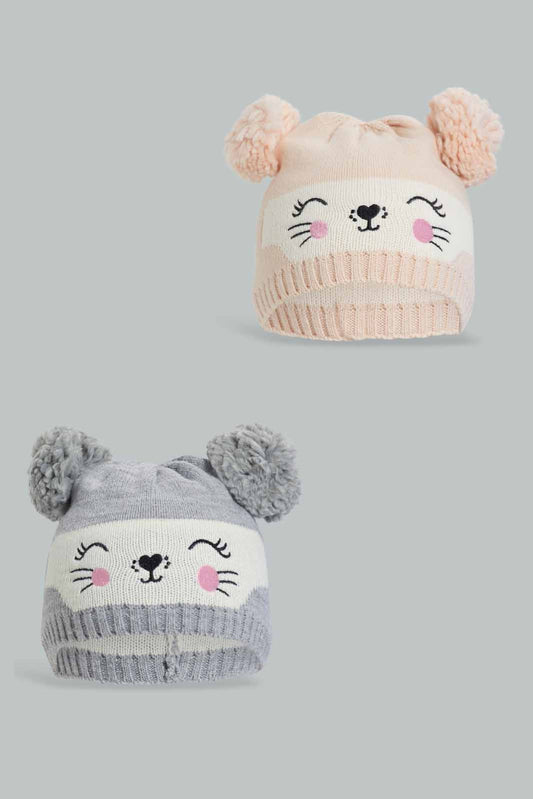 Redtag-Pink-And-Grey-Knitted-Cap-Set-Of-2-Category:Knitted-Accessories,-Colour:Assorted,-Filter:Girls-Accessories,-GIR-Knitted-Accessories,-New-In,-New-In-GIR-ACC,-Non-Sale,-Section:Girls-(0-to-14Yrs),-W22B-Girls-