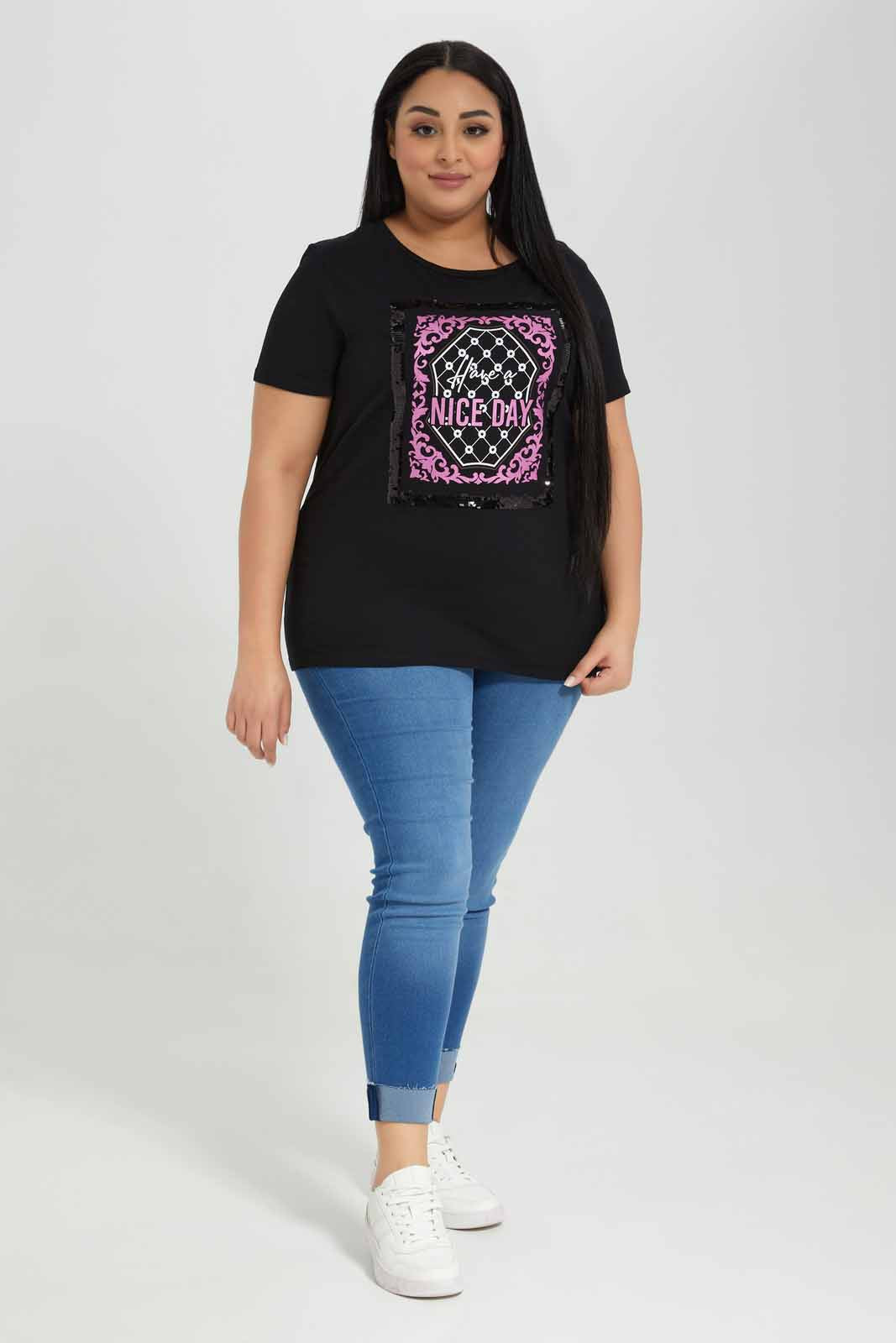 Redtag-Black-Tshirt-Sequins-Category:T-Shirts,-Colour:Black,-Deals:New-In,-Filter:Plus-Size,-LDP-T-Shirts,-New-In-LDP-APL,-Non-Sale,-Section:Women,-TBL,-W22A-Women's-