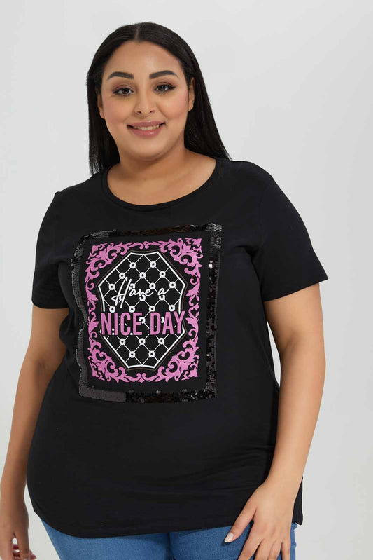 Redtag-Black-Tshirt-Sequins-Category:T-Shirts,-Colour:Black,-Deals:New-In,-Filter:Plus-Size,-LDP-T-Shirts,-New-In-LDP-APL,-Non-Sale,-Section:Women,-TBL,-W22A-Women's-