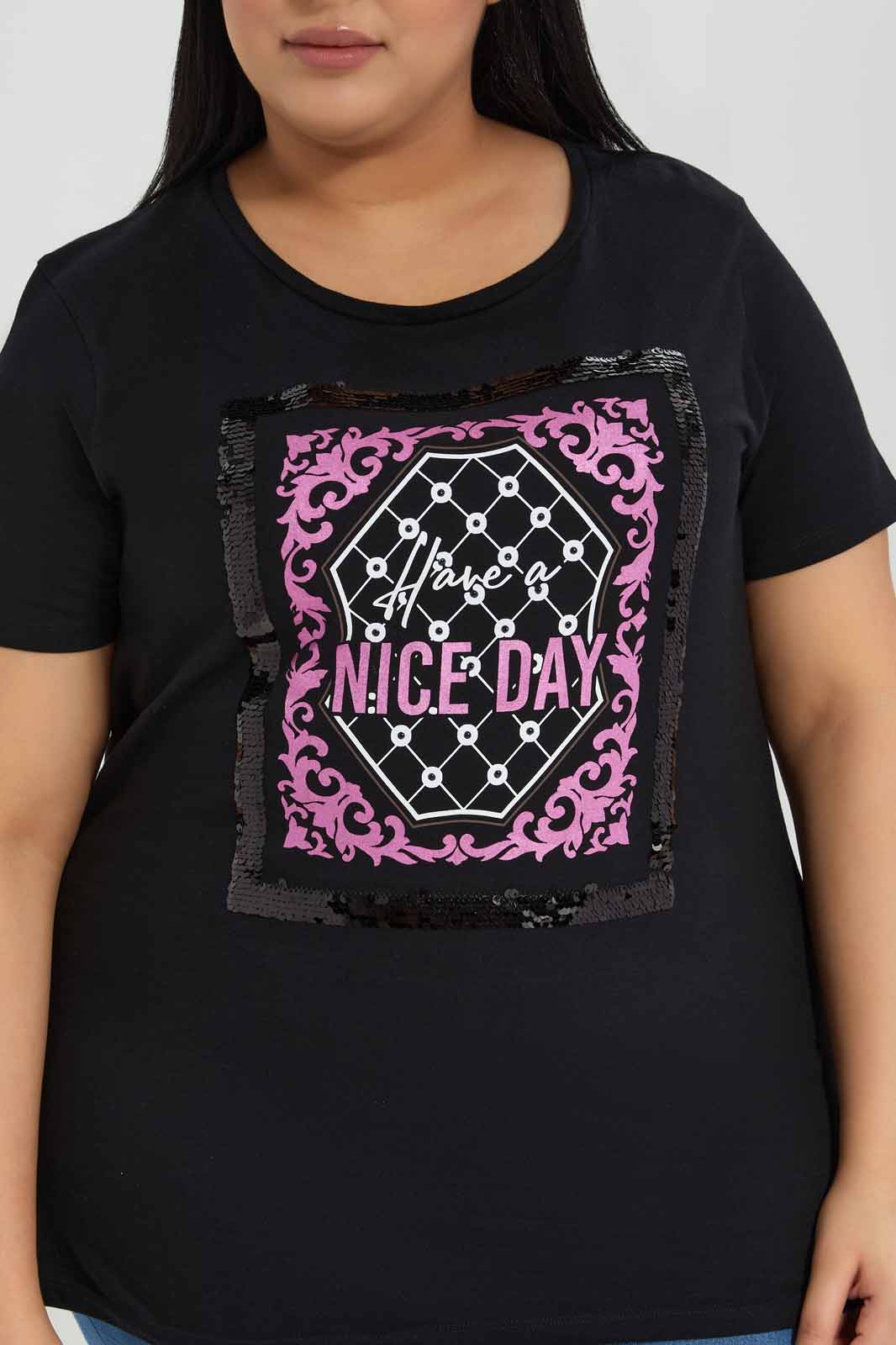 Redtag-Black-Tshirt-Sequins-Category:T-Shirts,-Colour:Black,-Deals:New-In,-Filter:Plus-Size,-LDP-T-Shirts,-New-In-LDP-APL,-Non-Sale,-Section:Women,-TBL,-W22A-Women's-