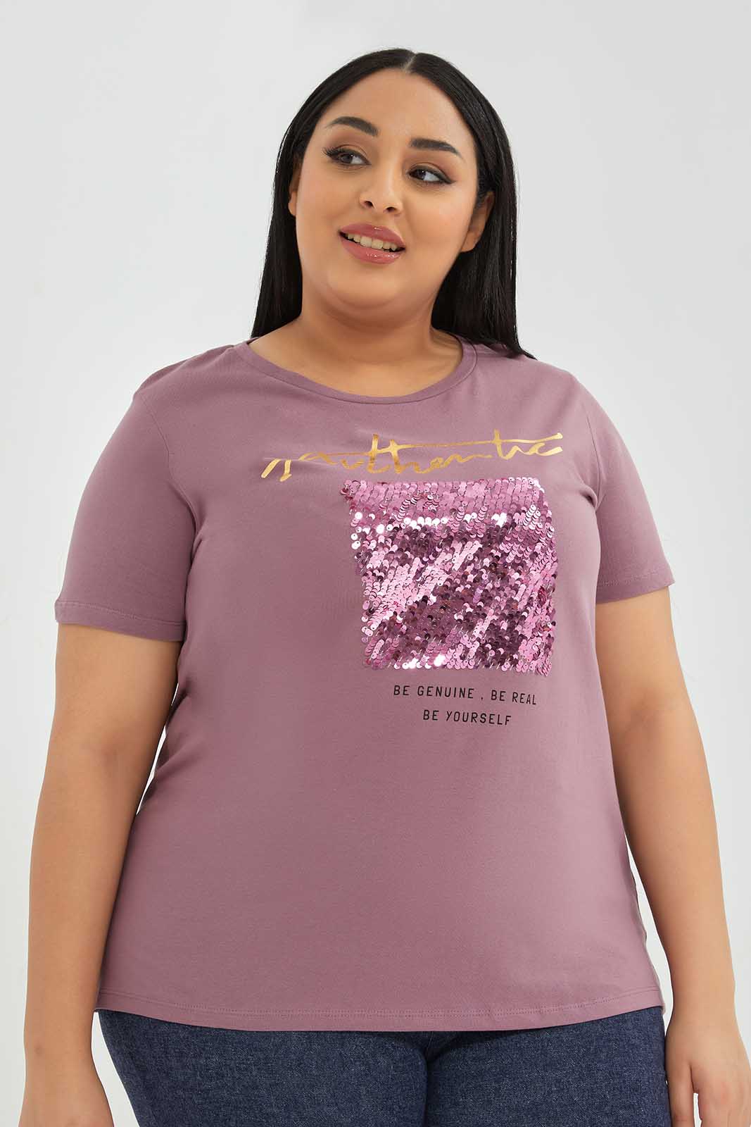 Redtag-Pink-Tshirt-Sequins-Category:T-Shirts,-Colour:Apricot,-Deals:New-In,-Filter:Plus-Size,-LDP-T-Shirts,-New-In-LDP-APL,-Non-Sale,-Section:Women,-TBL,-W22A-Women's-
