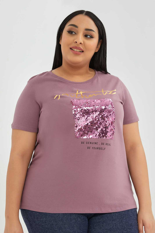 Redtag-Pink-Tshirt-Sequins-Category:T-Shirts,-Colour:Apricot,-Deals:New-In,-Filter:Plus-Size,-LDP-T-Shirts,-New-In-LDP-APL,-Non-Sale,-Section:Women,-TBL,-W22A-Women's-