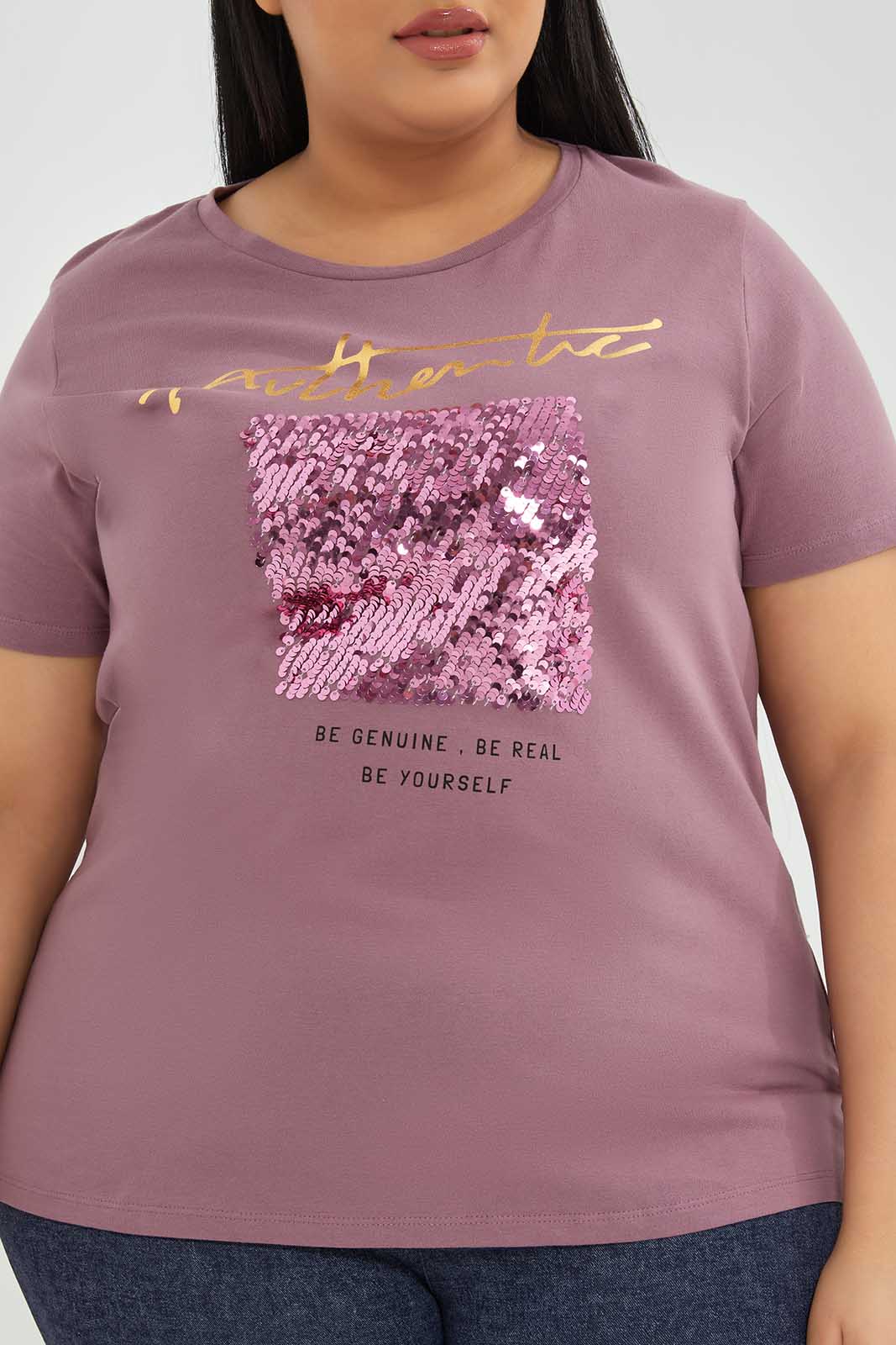 Redtag-Pink-Tshirt-Sequins-Category:T-Shirts,-Colour:Apricot,-Deals:New-In,-Filter:Plus-Size,-LDP-T-Shirts,-New-In-LDP-APL,-Non-Sale,-Section:Women,-TBL,-W22A-Women's-
