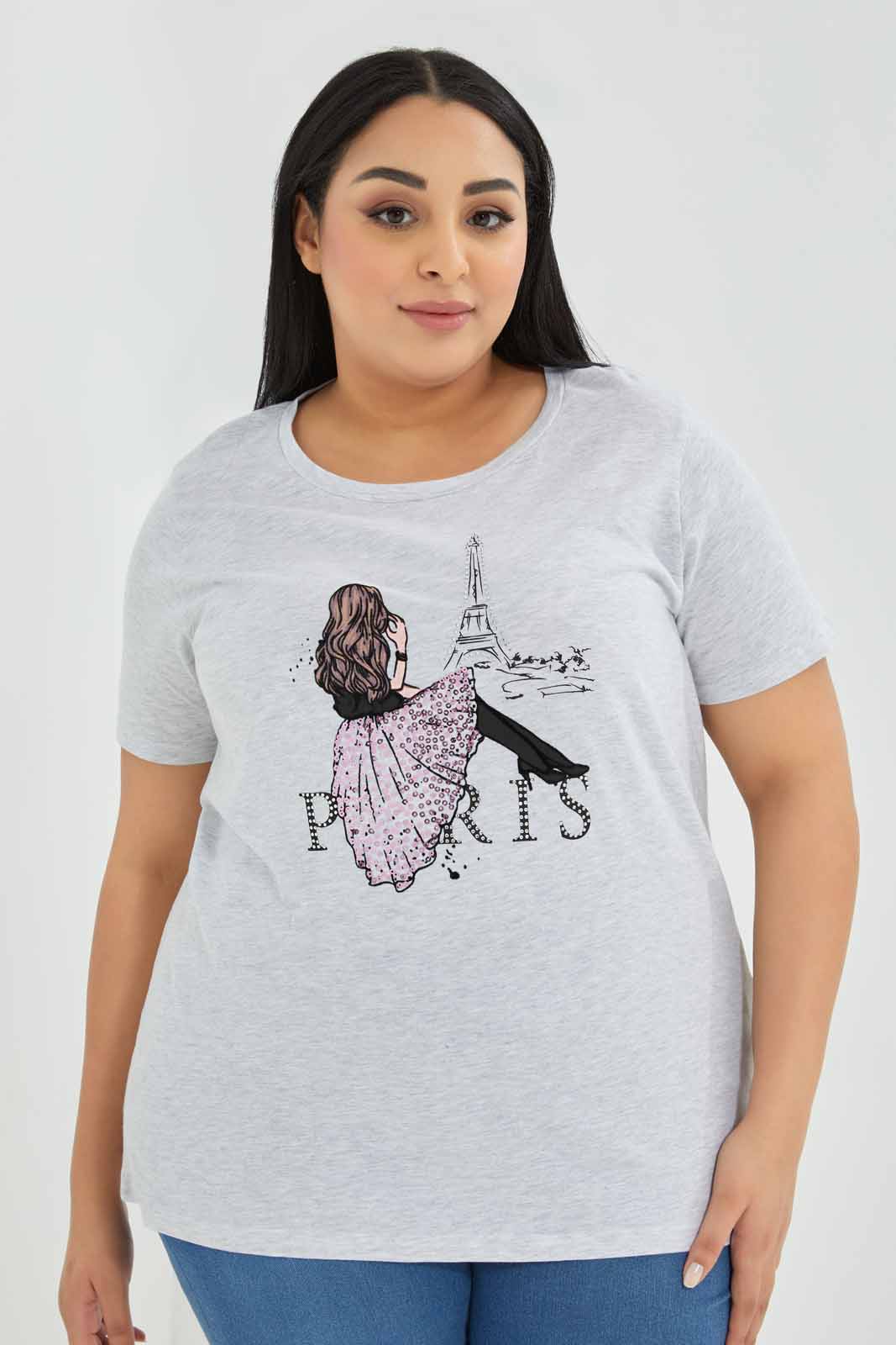 Redtag-Grey-Melange-Tshirt-Sequines-Category:T-Shirts,-Colour:Grey,-Deals:New-In,-Filter:Plus-Size,-LDP-T-Shirts,-New-In-LDP-APL,-Non-Sale,-Section:Women,-TBL,-W22A-Women's-