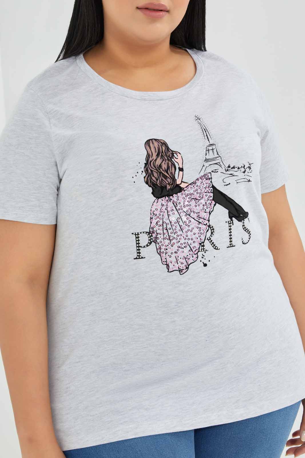 Redtag-Grey-Melange-Tshirt-Sequines-Category:T-Shirts,-Colour:Grey,-Deals:New-In,-Filter:Plus-Size,-LDP-T-Shirts,-New-In-LDP-APL,-Non-Sale,-Section:Women,-TBL,-W22A-Women's-