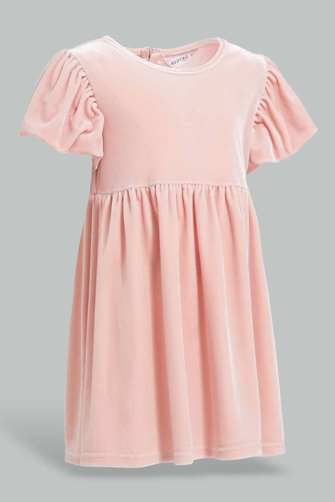 Redtag-Pink-Puff-Sleves-Velvet-Dress-Category:Dresses,-Colour:Apricot,-Deals:New-In,-Filter:Infant-Girls-(3-to-24-Mths),-ING-Dresses,-New-In-ING-APL,-Non-Sale,-Section:Girls-(0-to-14Yrs),-W22A-Infant-Girls-3 to 24 Months