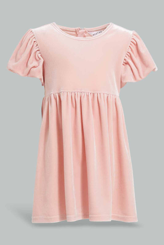 Redtag-Pink-Puff-Sleves-Velvet-Dress-Category:Dresses,-Colour:Apricot,-Deals:New-In,-Filter:Infant-Girls-(3-to-24-Mths),-ING-Dresses,-New-In-ING-APL,-Non-Sale,-Section:Girls-(0-to-14Yrs),-W22A-Infant-Girls-3 to 24 Months