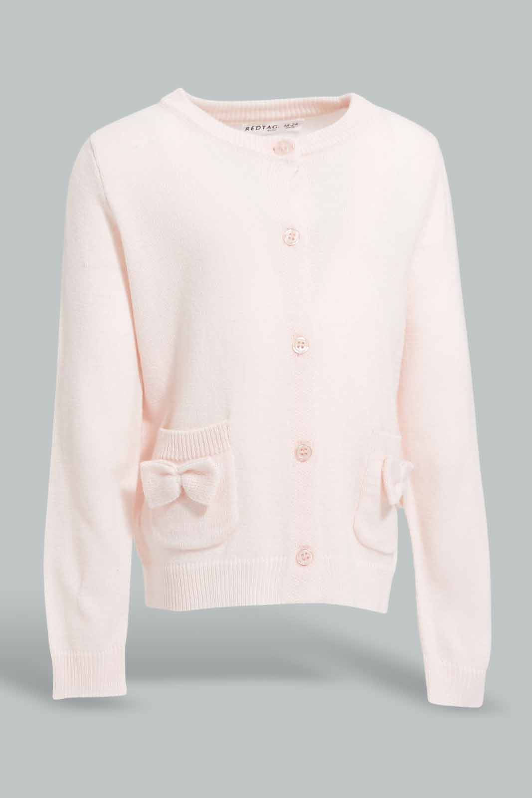 Redtag-Baby-Pink-Bow-Detail-Pocket-Cardigan-Category:Cardigans,-Colour:Apricot,-Deals:New-In,-Filter:Infant-Girls-(3-to-24-Mths),-ING-Cardigans,-New-In-ING-APL,-Non-Sale,-Section:Girls-(0-to-14Yrs),-W22A-Infant-Girls-3 to 24 Months
